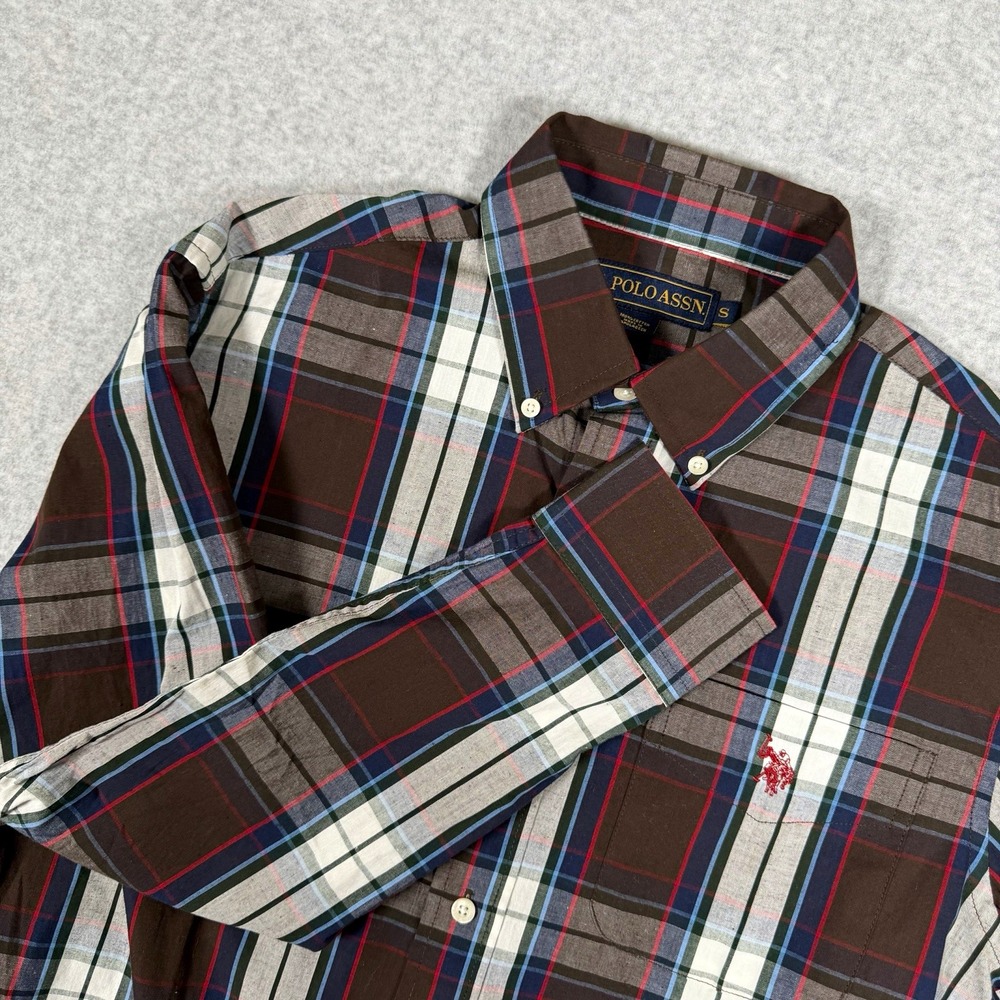 U.S. Polo Assn. Men's S Brown Plaid Woven Cotton Long Sleeve Button-Down Shirt